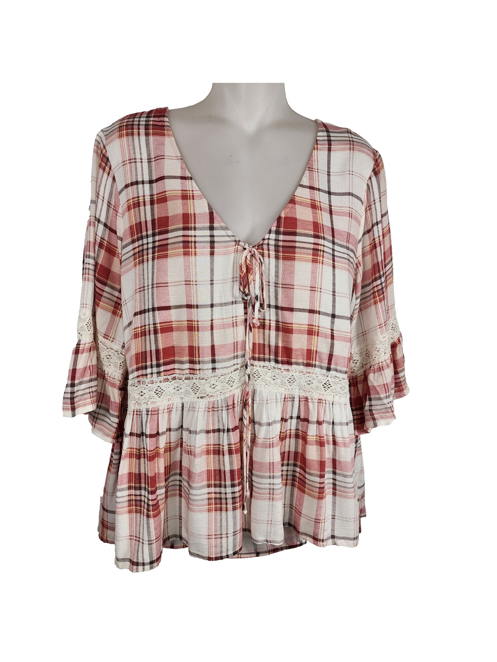 Maurices Womens Top Plaid Double Tie V Neck Medium Crochet Lace 3/4 Bell Sleeves